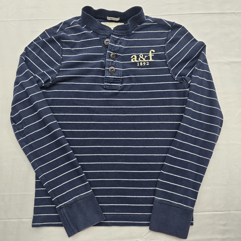 Y2K Abercrombie Kids Boys L Muscle Navy Stripe Henley A&F 1892 Shirt
